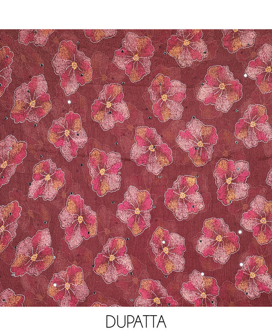 Wine Material Churidar Set, Subtly Designed with Plain Vichitra Silk Top, Comes with a Plain Santoon Bottom, and Is Paired with a Crushed Chiffon Dupatta of Floral Print and Mirror Work