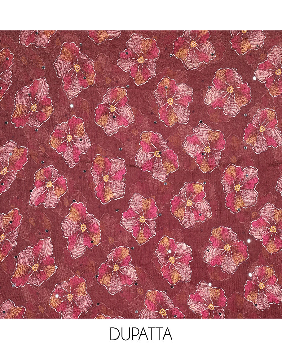 Wine Material Churidar Set, Subtly Designed with Plain Vichitra Silk Top, Comes with a Plain Santoon Bottom, and Is Paired with a Crushed Chiffon Dupatta of Floral Print and Mirror Work