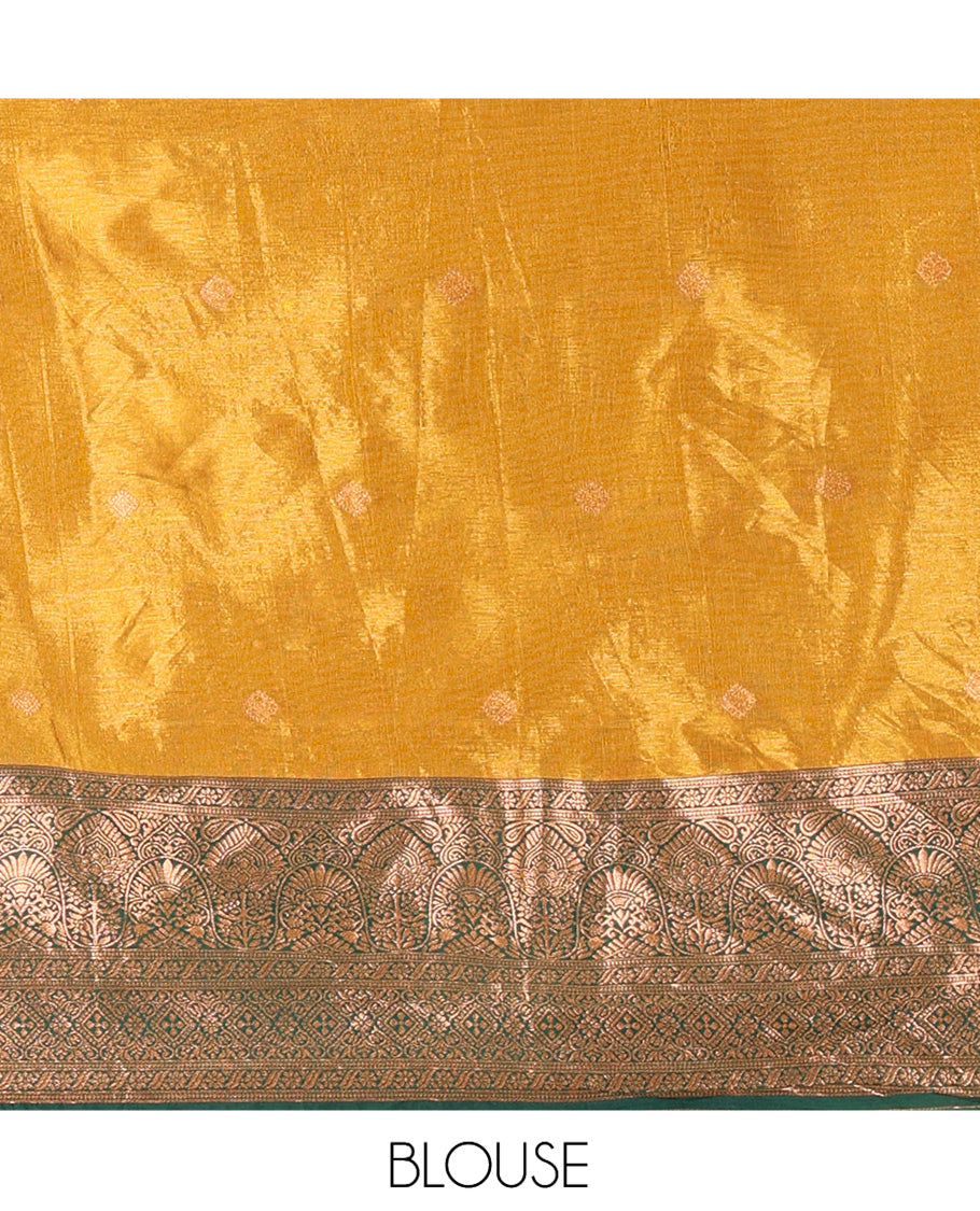 Yellow-Green Shimmer Tissue Half-Saree Features Buttas Skirt, a Contrast Traditional Border, a Matching Blouse, a Contrast Dhavani