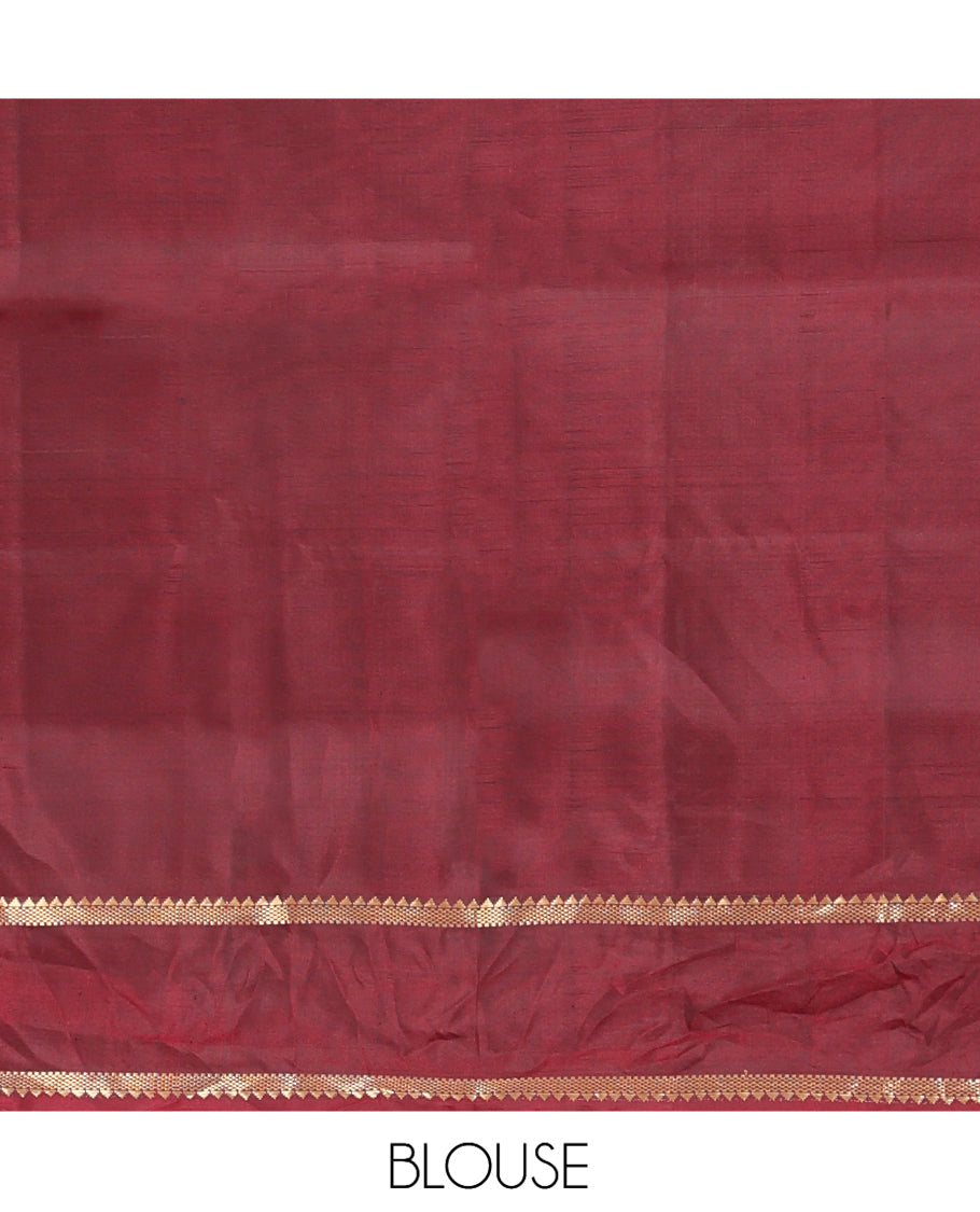 Dark Onion Pink Mayuri Lite Silk Mix Saree, Highlighted by Zari Buttas, Complemented By Contrast Rettai Pettu Zari Border, a Grand Pallu, and a Contrast Blouse