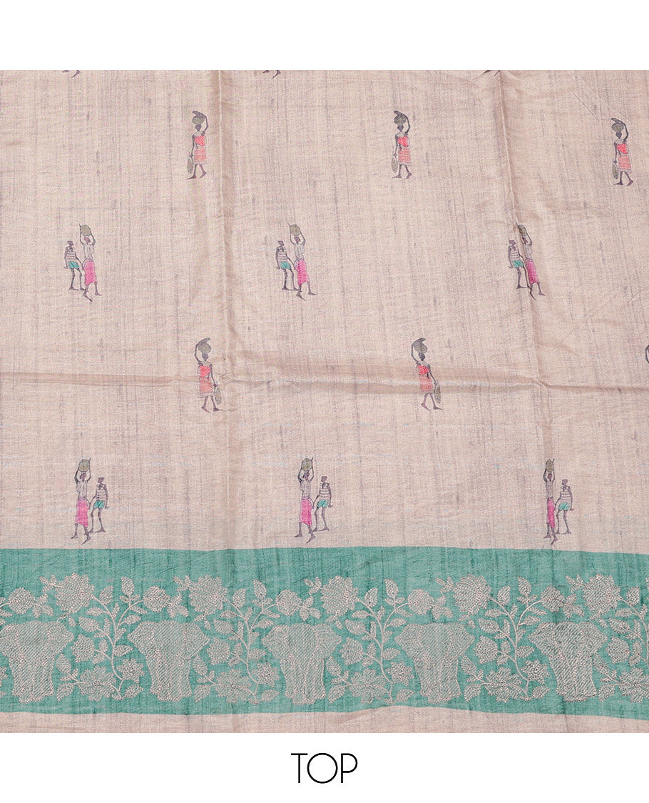 Chikku-Turquoise  Semi-Tussar Material Churidar Set, Bedecked with Human-Animal Motif Top, a Contrast Bottom, and Leaf-Elephant Motif Dupatta