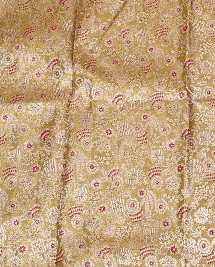 Gold Art Silk Material Half Saree, Ornamented with Jacquard Skirt, a Contrast Meenakari Border, Contrast Blouse, and an Intricate Dhavani
