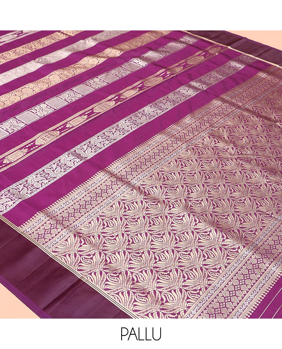 Purple Dupion Silk Saree, Richly Features Vertically Woven Traditional Patterns in Zari, Complemented by Contrast Zari Satin Border, Rich Pallu, and Paired with a Matching Blouse