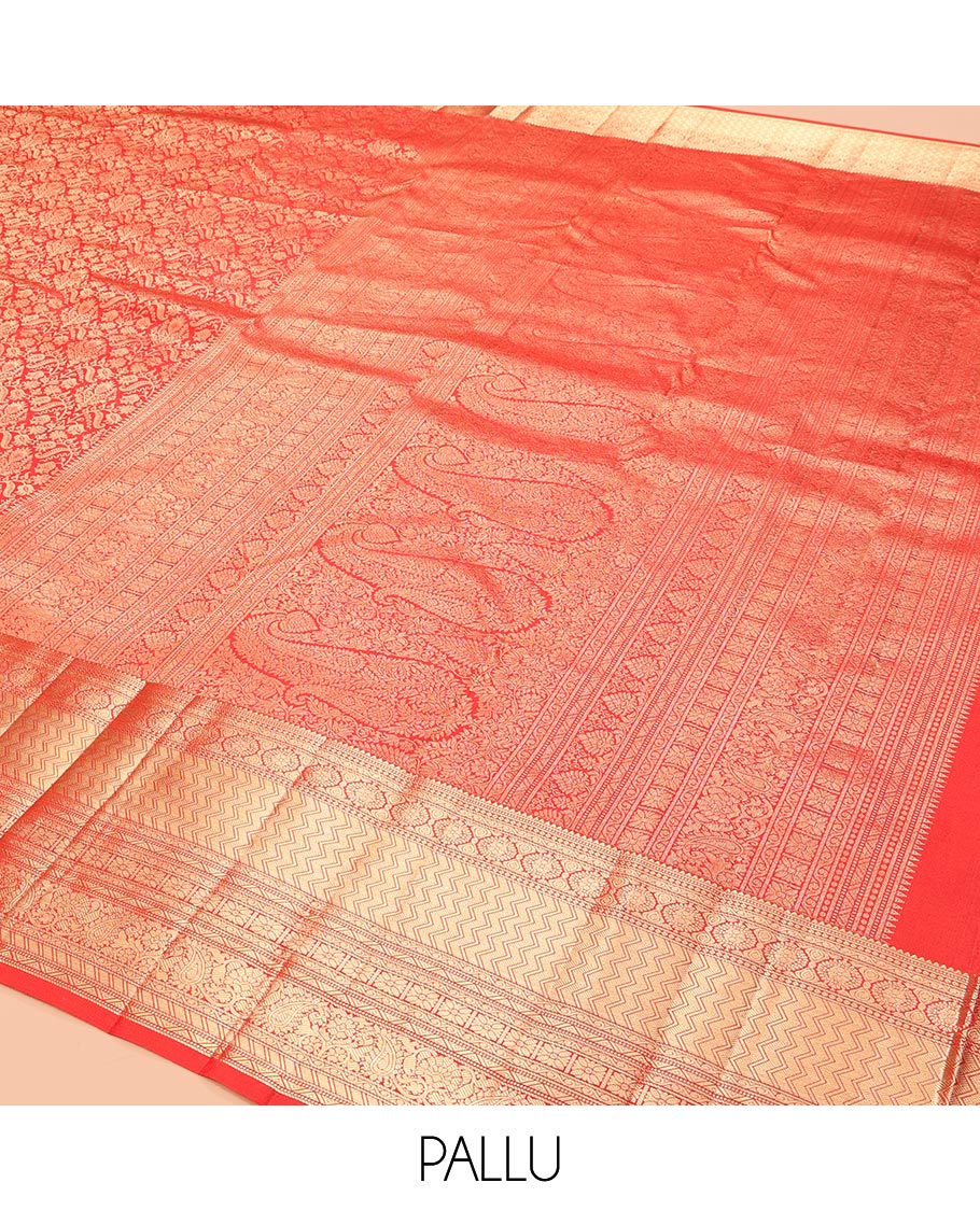 Red Kanchipuram Wedding Silk Saree, Bedecked with Jacquard Design, a Zari Border Steeped with Traditional Designs, Manga Design Pallu, and a Matching Blouse
