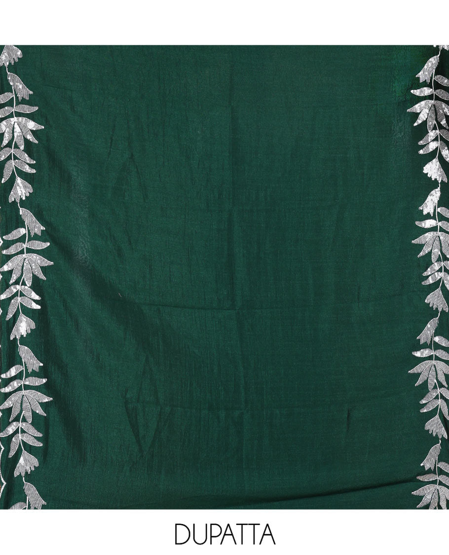 Pista Green Material Churidar Set, Detailed with Floral Motifs Sequins-Thread Embroidered on Its Vichitra Silk Top, Comes with a Contrast Santoon Bottom, and Paired with a Vichitra Silk Floral Embroidered Scallop Dupatta