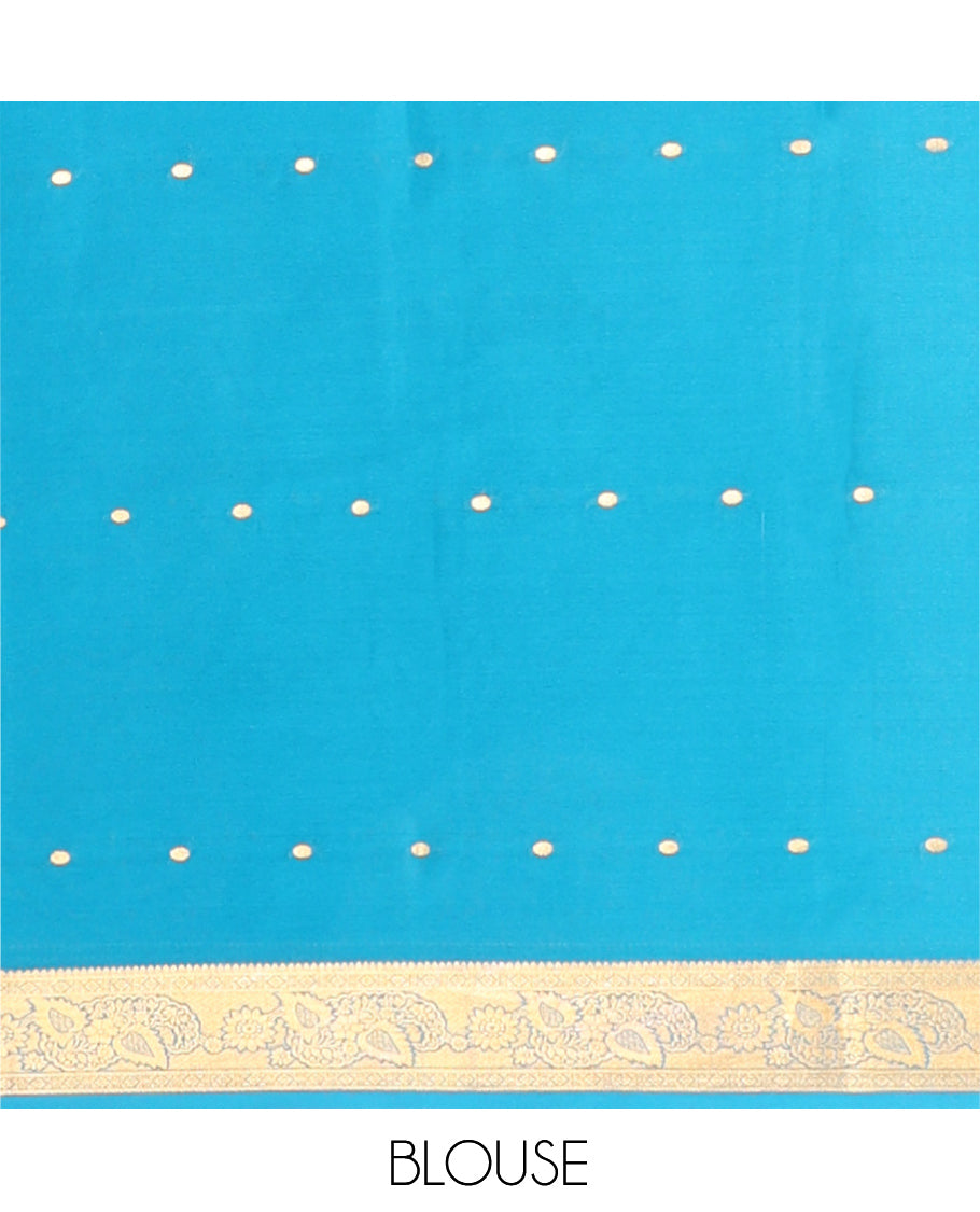 Orange Zari Buttas Mysore Silk Saree, Complemented by a Contrast Traditional Zari Border, Zari Design Pallu, and a Contrast Blouse