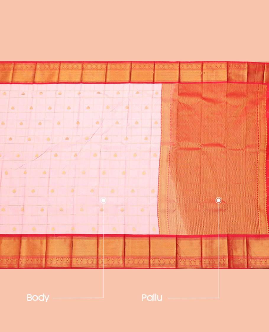 Baby Pink Budget Silk Saree, Enthralled with Zari Butta Enclosed Checks, Complemented by a Contrast Traditional Zari Border, Grand Pallu, and a Contrast Blouse