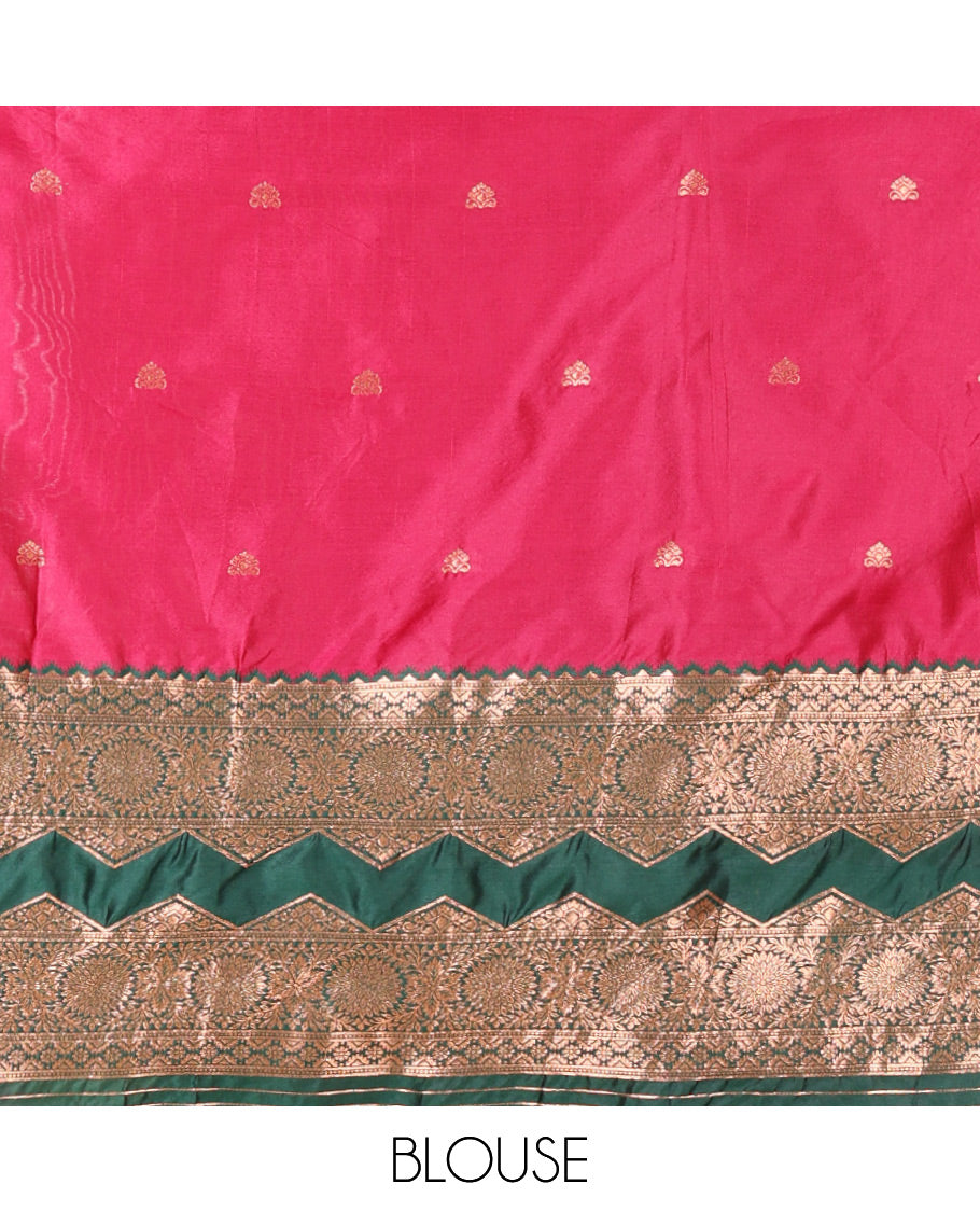 Pink and Green Semi-Banarasi Half-Saree Elevated with Zari Buttas on Its Skirt, Complemented by Contrast Traditional Zari Border of Chakram Designs, Paired with a Matching Blouse, and a Satin Georgette Embroidered Scallop Dhavani