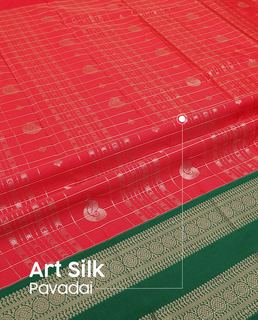 Red Art Silk Pavadai Material Set Gleamed Up with Zari Butta Enclosed Checked Skirt, Complemented by a Contrast Traditional Zari Design Rettai Pettu Border, and Paired with a Contrast Blouse