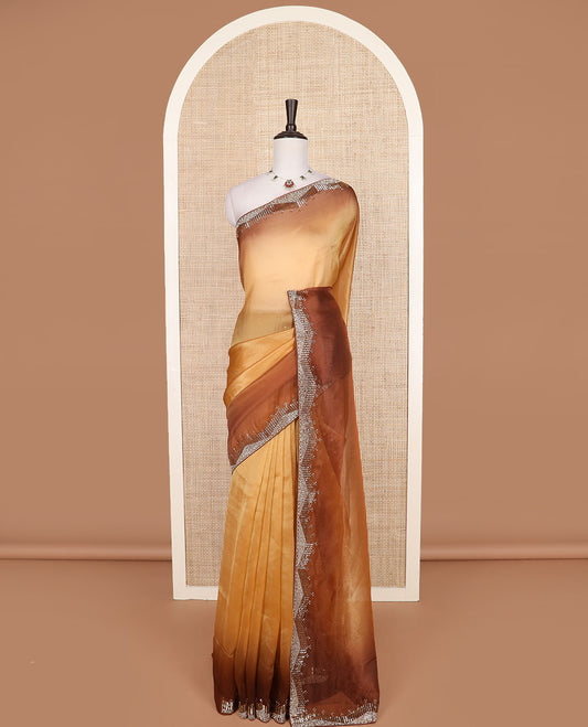 Orange ombre-style colored designer saree, contrast tube beads embroidered and stone work border