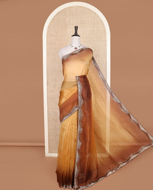 Orange ombre-style colored designer saree, contrast tube beads embroidered and stone work border