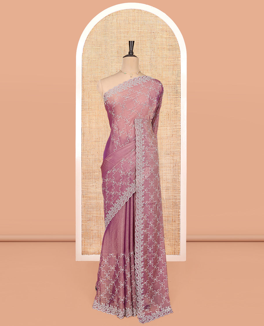 Pink Designer Saree, Prettified with Stonework Jaal Design, a Scallop Leaf Stonework Border, and Matching Blouse