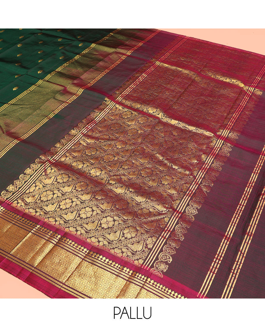Green Kanchipuram Silk Saree, Enthralled with Zari Buttas, Contrast Border of Paneer Sombu, Banaras, and Jaal, Pallu of Floral Creeper Design, and No Blouse