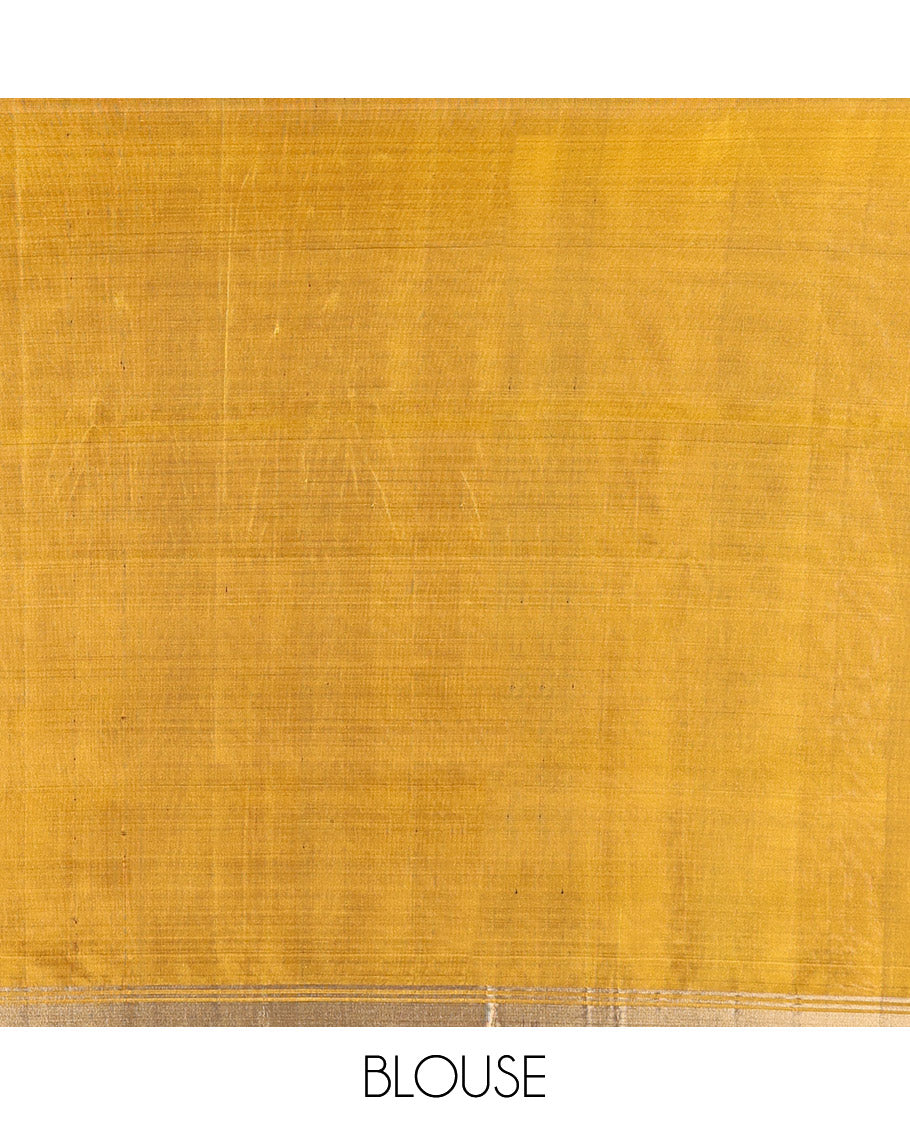Orange Mayuri Lite Silk Mix Saree, Woven with Buttas, a Contrast Paithani Floral-Peacock Temple Border, Zig-Zag Pallu, and a Matching Blouse