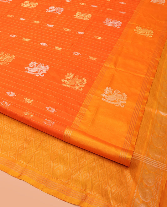 Orange Uppada Silk Saree Decked Up with Paisley and Peacock Buttas All Over Its Body, Complemented by Contrast Border of Peacock Designs, Sparsely Sparkled Pallu of Jaal Designs, and Paired with a Contrast Blouse