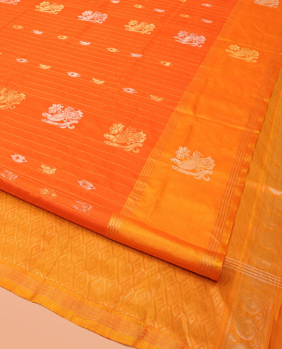 Orange Uppada Silk Saree Decked Up with Paisley and Peacock Buttas All Over Its Body, Complemented by Contrast Border of Peacock Designs, Sparsely Sparkled Pallu of Jaal Designs, and Paired with a Contrast Blouse