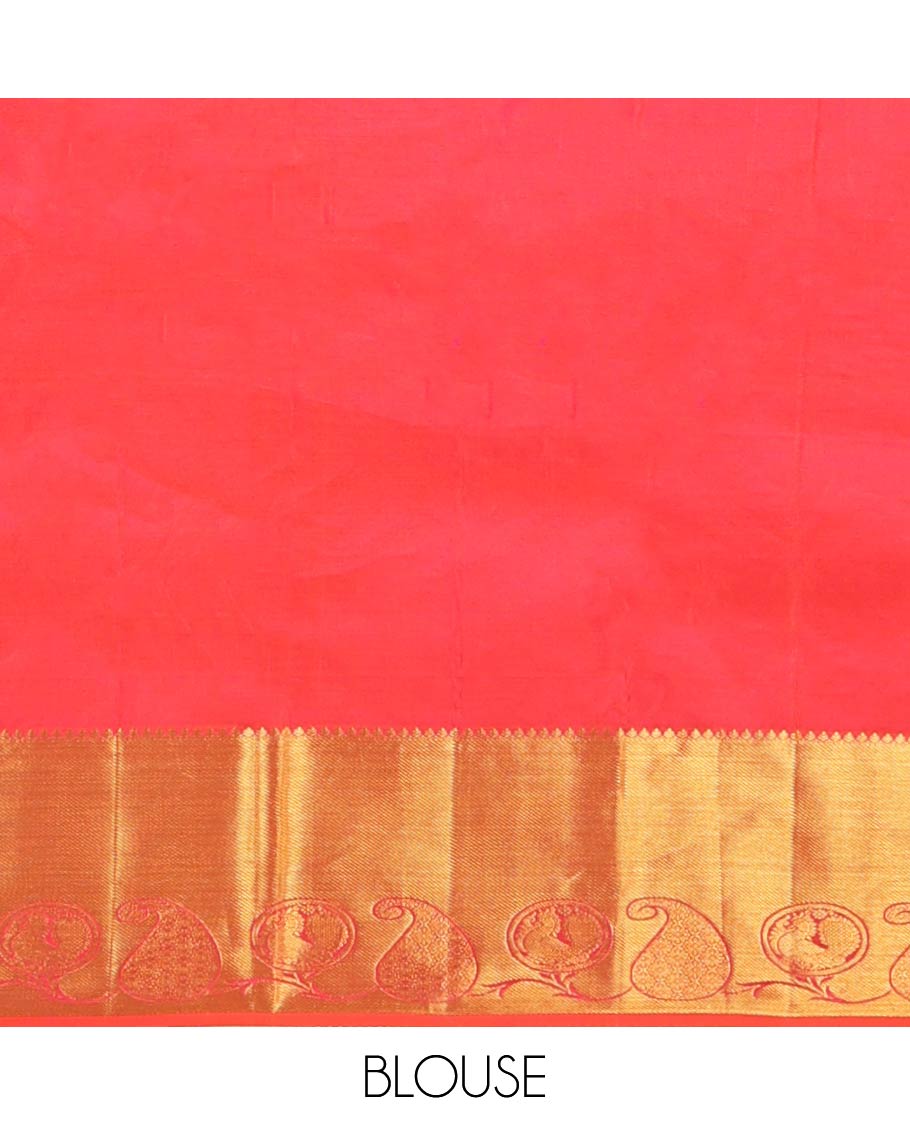 Orange Kanchipuram Wedding Silk Saree, Entralled with Jacquard Design On Its Body, Highlighted by Manga and Mayil Designs, Ogee Patterned Pallu and Paired with a Matching Blouse