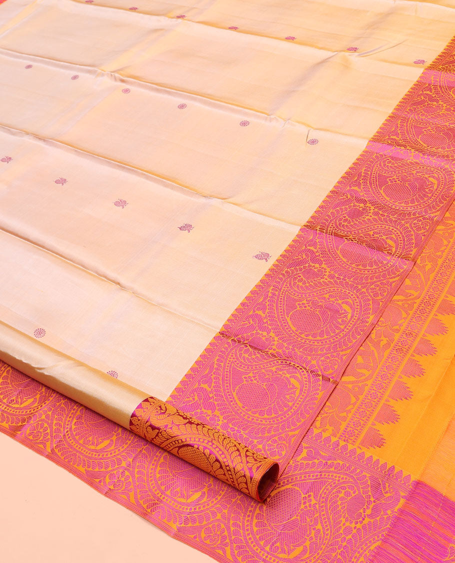 Sandal Kanchipuram Designer Silk Saree, Elevated with Mayil and Chakram Buttas All Over Its Body, Complemented by Contrast Border of Peacock Enclosed Paisleys, Jaal Pallu and Paired with a Contrast Blouse