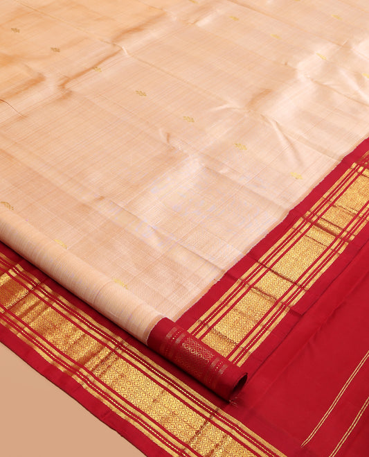 Sandal Kanchipuram Silk Saree, Adorned with Zari Buttas, a Contrast Korvai One-Sided Border of Banaras, Muthu, and Mayil Kann Design, Zari Design Pallu, and No Blouse