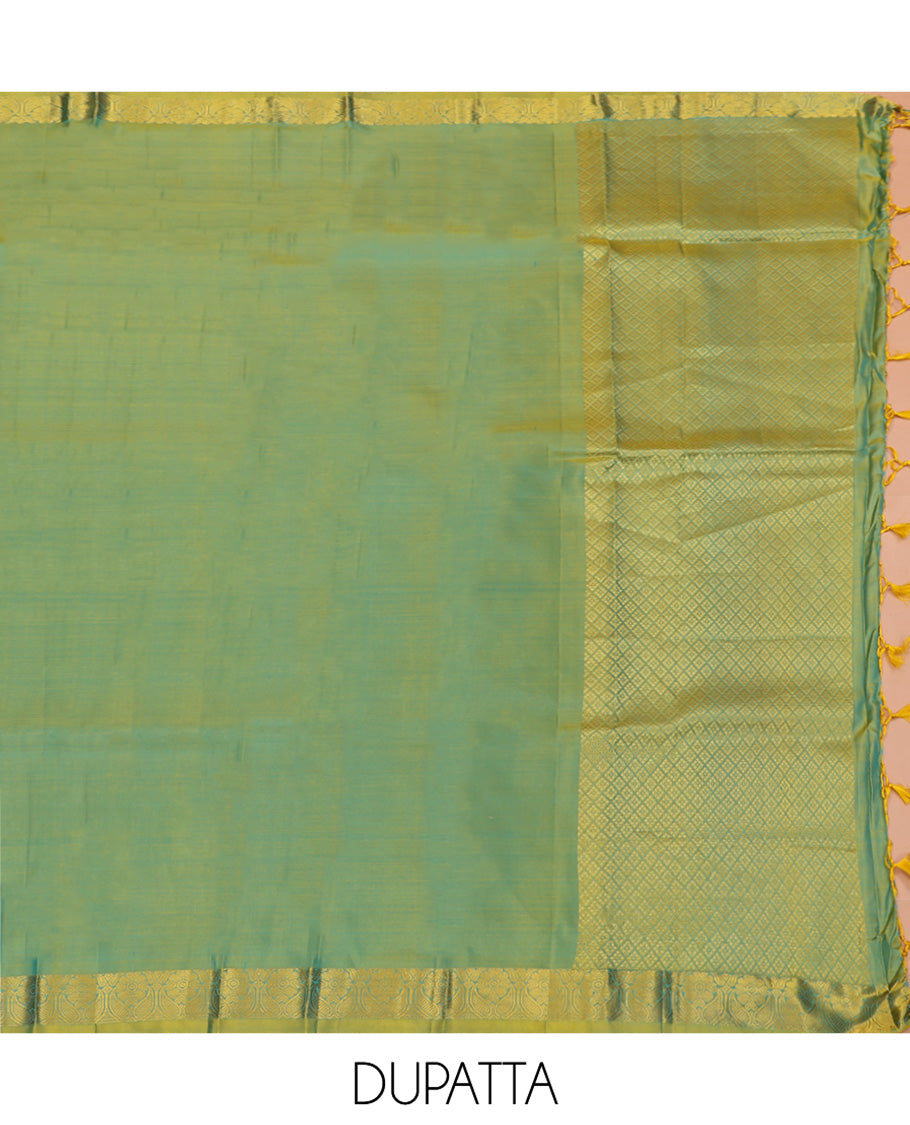 Blue Pure Silk Half-Saree, Detailed with Zari Buttas All Over Its Skirt, Complemented by Contrast Traditional Zari Design Border, Paired with a Contrast Blouse, and Comes with a Jaal Design Dhavani