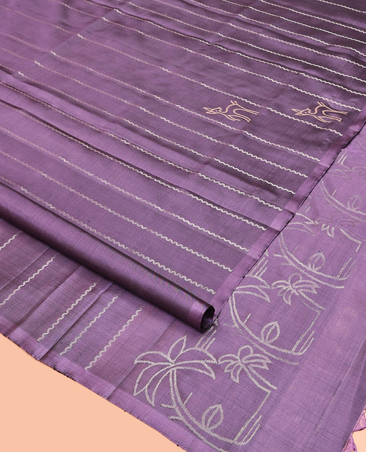 Borderless Grey Mayuri Soft Silk Saree, Entralled with Stripes and Warli Animal Motifs Woven On Its Body, Pallu Woven with Coconut Tree Motifs, and Paired with a Matching Blouse