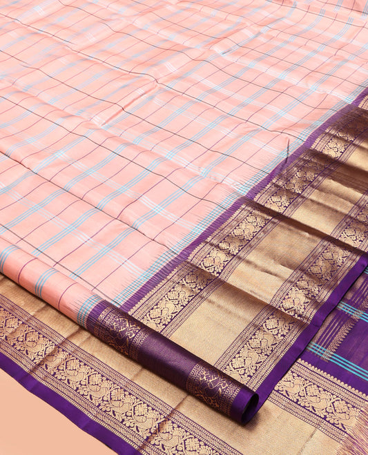 Peach Checked Kanchipuram Silk Saree, Complemented by a Contrast Traditional Border of Mayil Designs, Jaal Pallu, and a Contrast Blouse