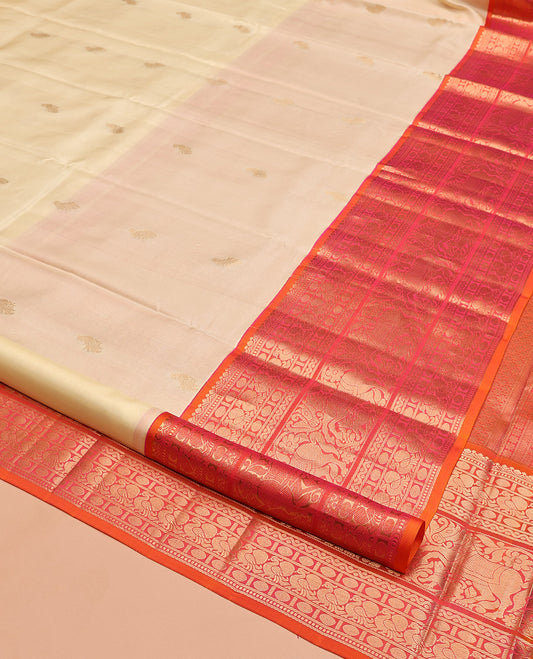 Yellow Vasundhara Silk Saree, Woven with Zari Buttas, Contrast Border of Muthu, Poun, Mayil, Neli, and Kuthirai Designs, Grand Pallu, and Contrast Blouse