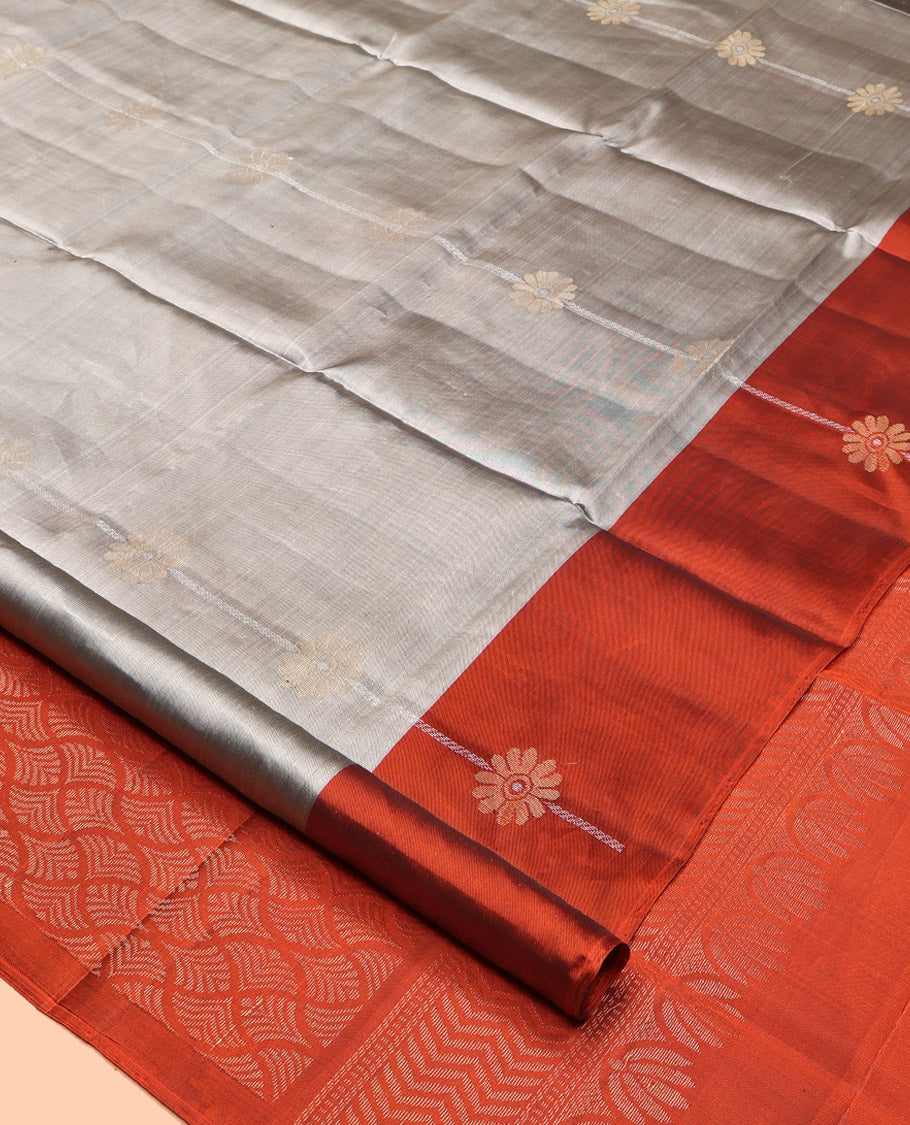Grey Mayuri Lite Silk Mix Saree, Subtly Sparkled With Floral Stripes, Complemented by Contrast Border, Sparsely Woven Pallu and a Contrast Blouse