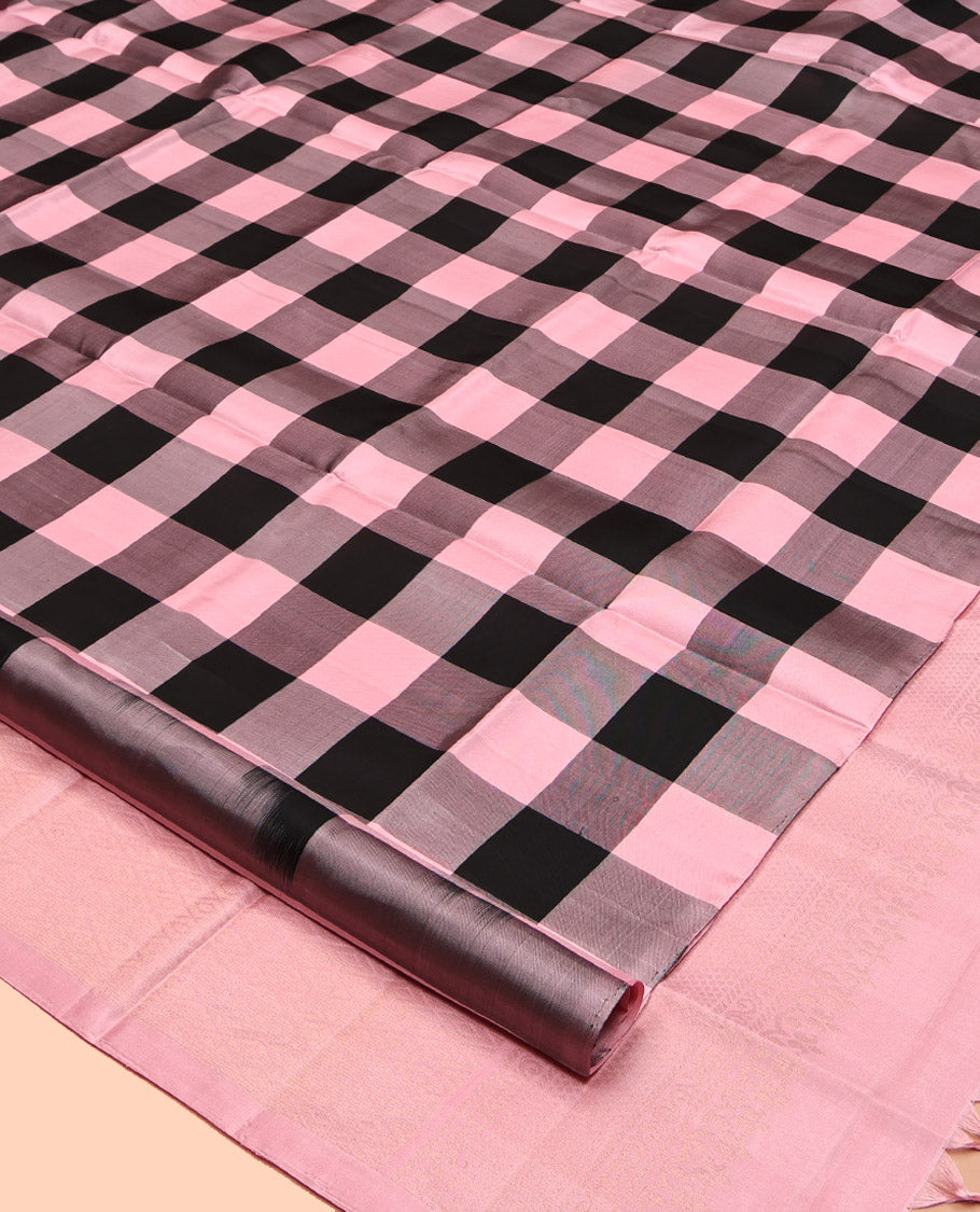 Borderless Black-Pink Mayuri Soft Silk Saree, Majestically Detailed with Checks, Contrast Border of Mayil Designs, Sparsely Woven Jaal Pallu, and a Contrast Blouse