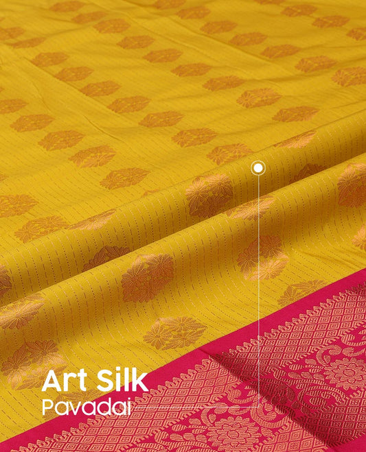 Yellow Art Silk Pavadai Material Set Featuring Zari Buttas Skirt, Complemented by a Contrast Traditional Zari Design Border, and Paired with a Contrast Blouse