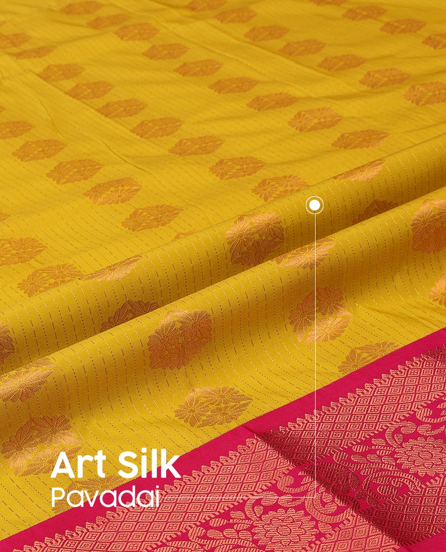 Yellow Art Silk Pavadai Material Set Featuring Zari Buttas Skirt, Complemented by a Contrast Traditional Zari Design Border, and Paired with a Contrast Blouse
