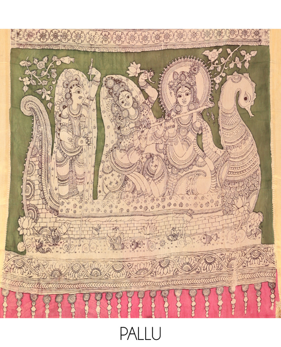 Red Kalamkari Silk Saree, Gracefully Embellished with Ancient Human Motifs Print, a Contrast Traditional Zari Border, Pallu Features God and Goddess Designs, and a Contrast Blouse