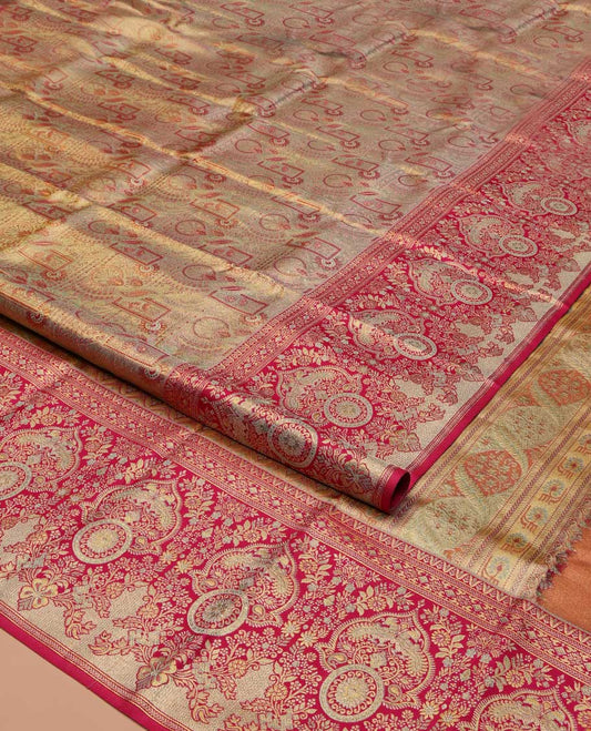 Grey Kanchipuram Tissue Silk Saree, Opulently Embellished with Jacquard Design On Its Body, Complemented by Contrast Mughal-style Intricately Woven Border, Grand Pallu and Paired with a Contrast Blouse