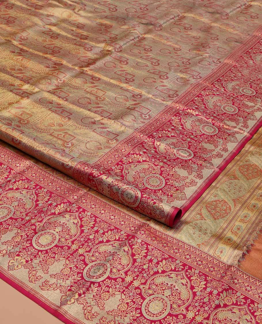 Grey Kanchipuram Tissue Silk Saree, Opulently Embellished with Jacquard Design On Its Body, Complemented by Contrast Mughal-style Intricately Woven Border, Grand Pallu and Paired with a Contrast Blouse