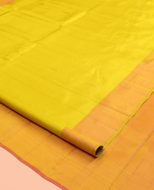 Yellow Kanchipuram Silk Saree, Woven with Zari Buttas, Complemented by a Contrast Thazampoo Rekku Border, Grand Floral Pallu, and Contrast Blouse