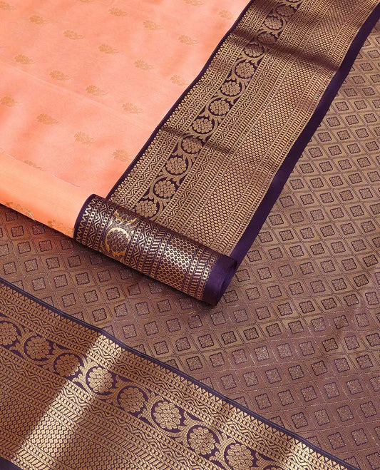 Peach leaf buttas vasundharar elite silk saree with contrast floral design border & argyle design pallu