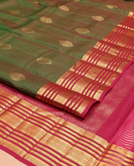 Green Vasundhara Lite Silk Mix Saree, Accentuated with Zari Buttas and Zari Checks on Its Body, Complemented by a Contrast Border of Poun, and Banaras Designs, Intricately Designed Pallu, and Paired with a Contrast Blouse
