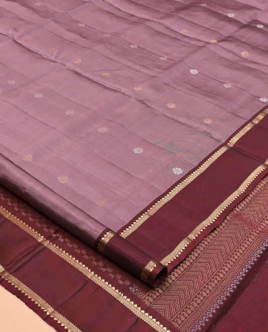 Dark Onion Pink Mayuri Lite Silk Mix Saree, Highlighted by Zari Buttas, Complemented By Contrast Rettai Pettu Zari Border, a Grand Pallu, and a Contrast Blouse