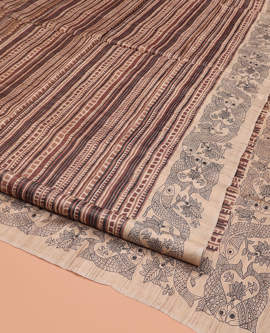 Brown Tussar Silk Saree, Impeccably Styled with Geometric Patterns, Complemented by a Contrast Fishes Printed Border, Printed Pallu, and a Contrast Blouse