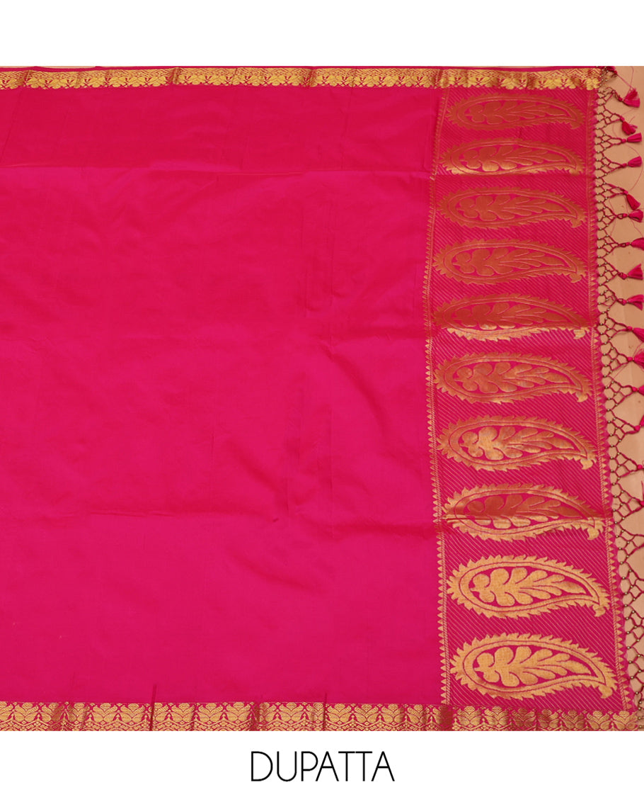 Gold Art Silk Material Half Saree, Ornamented with Jacquard Skirt, a Contrast Meenakari Border, Contrast Blouse, and an Intricate Dhavani