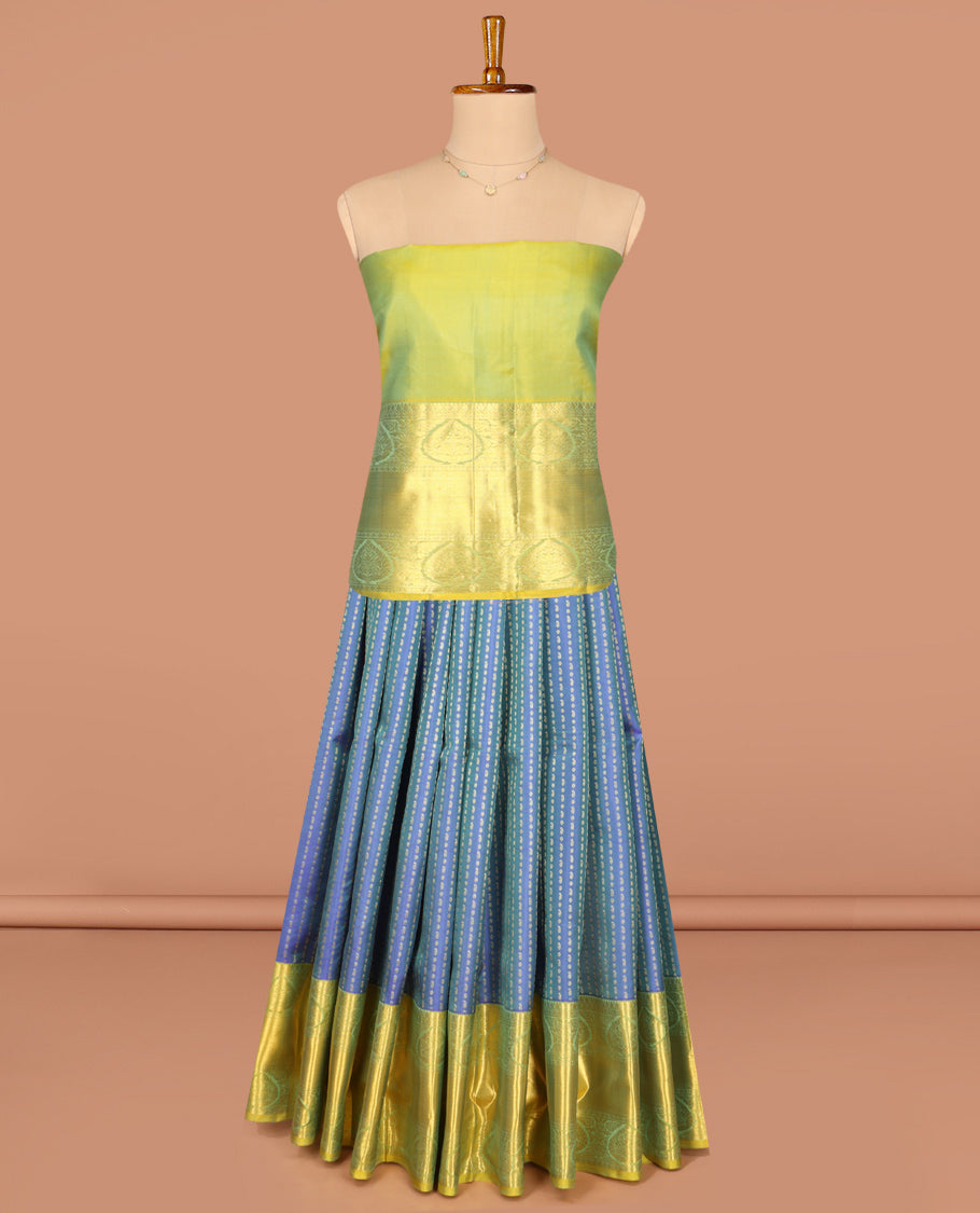 Blue Pure Silk Half-Saree, Detailed with Zari Buttas All Over Its Skirt, Complemented by Contrast Traditional Zari Design Border, Paired with a Contrast Blouse, and Comes with a Jaal Design Dhavani