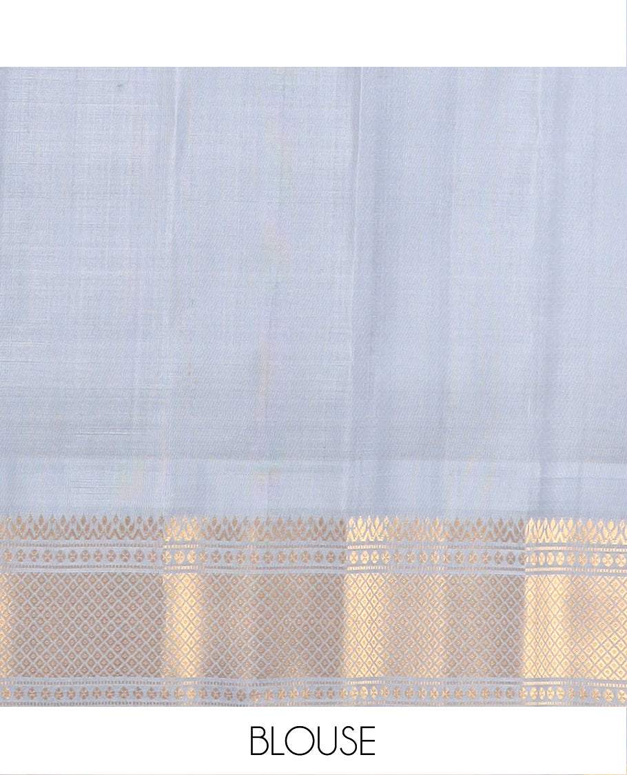 Pista Green Gadwal Saree Woven with Zari Paisley Buttas, a Contrast Temple Traditional Zari Design Border, Pallu of Jaal Design, and a Contrast Blouse with Zari Designs