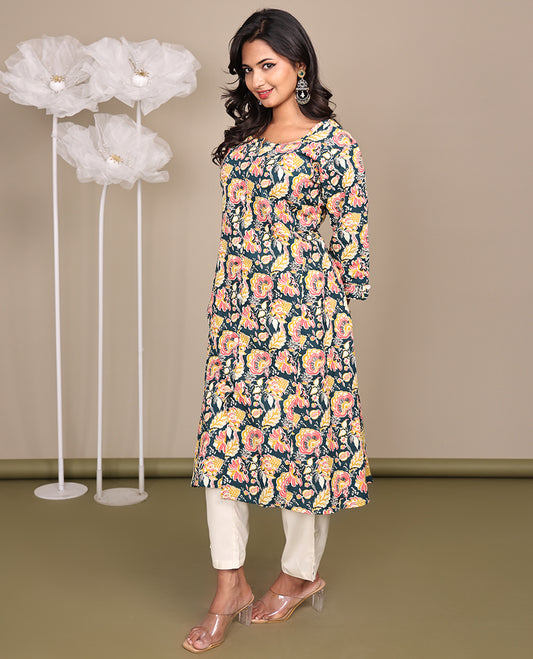 Multi-Color Floral Printed Below-Knee-Length Cotton Kurti, Featuring a Round Neckline, 3/4 Sleeves, and A-Line Cut