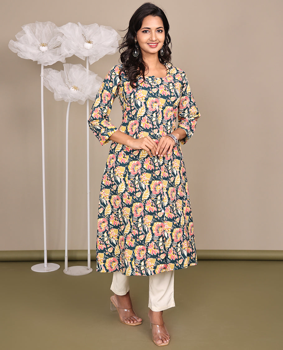 Multi-Color Floral Printed Below-Knee-Length Cotton Kurti, Featuring a Round Neckline, 3/4 Sleeves, and A-Line Cut