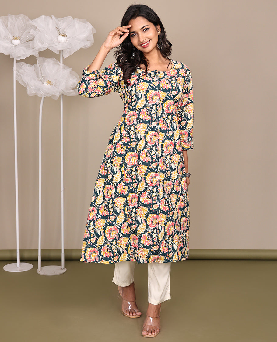 Multi-Color Floral Printed Below-Knee-Length Cotton Kurti, Featuring a Round Neckline, 3/4 Sleeves, and A-Line Cut