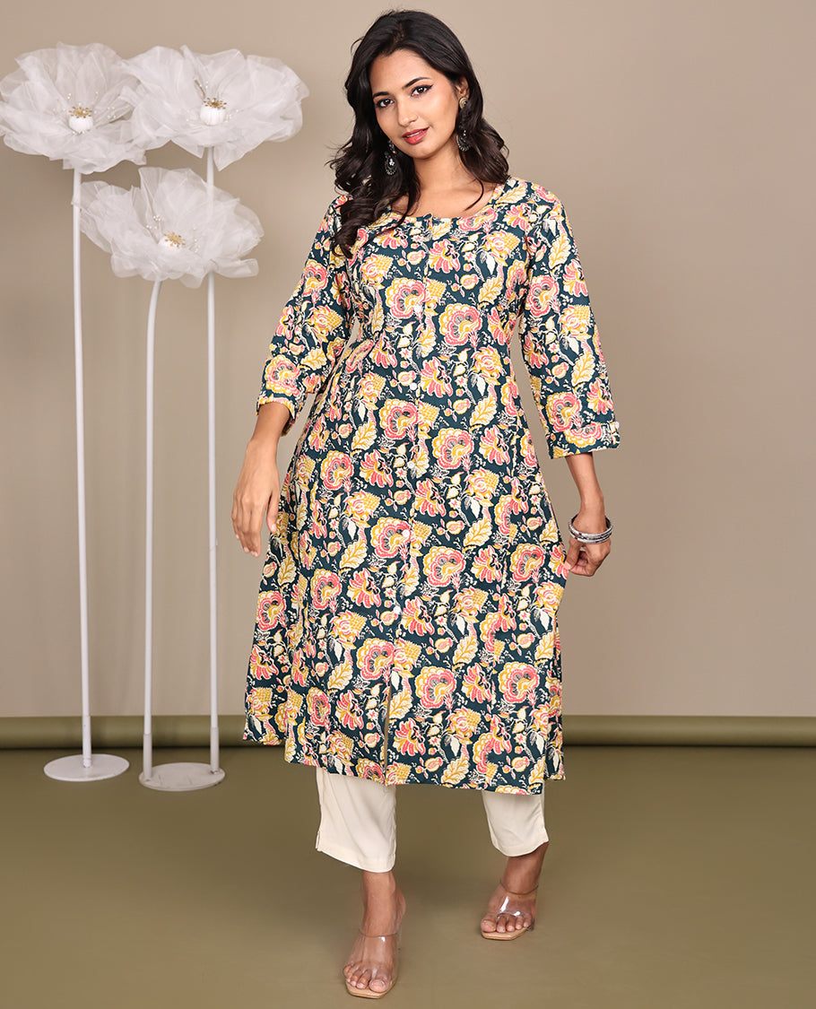 Multi-Color Floral Printed Below-Knee-Length Cotton Kurti, Featuring a Round Neckline, 3/4 Sleeves, and A-Line Cut