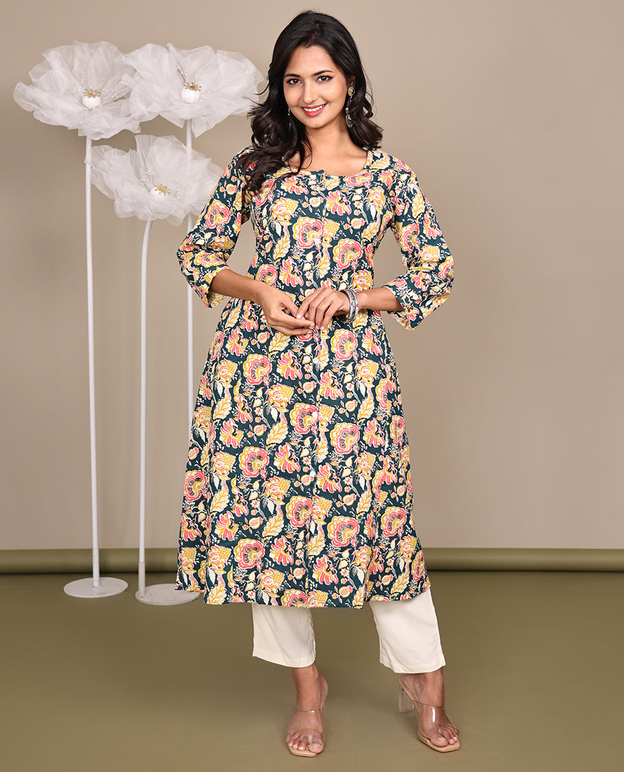 Multi-Color Floral Printed Below-Knee-Length Cotton Kurti, Featuring a Round Neckline, 3/4 Sleeves, and A-Line Cut