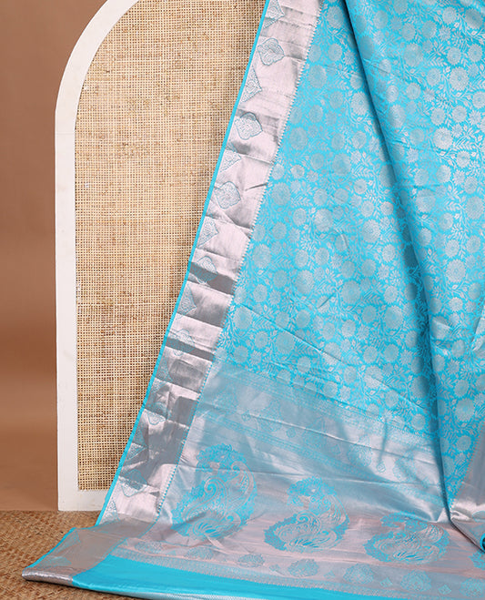 Blue zari flower brocade design soft silk saree with bawanchi, butta border & rich weaving pallu along with brocade blouse