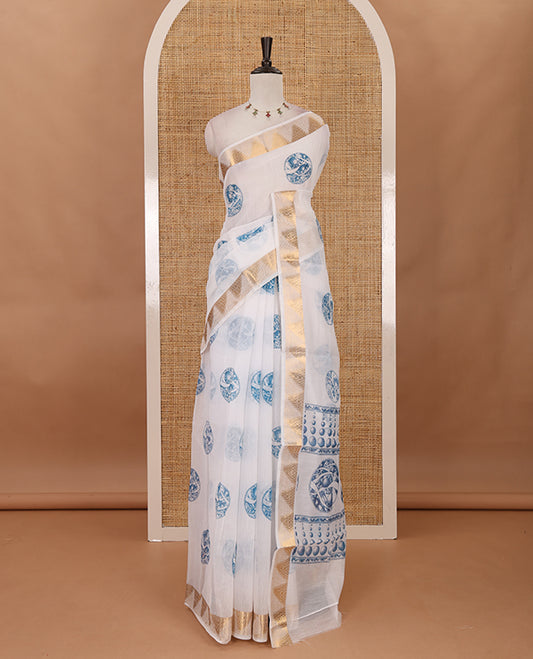 White-blue circular motifs printed mercerised cotton saree, gold zari temple  border, circular motifs printed pallu & matching zari border blouse