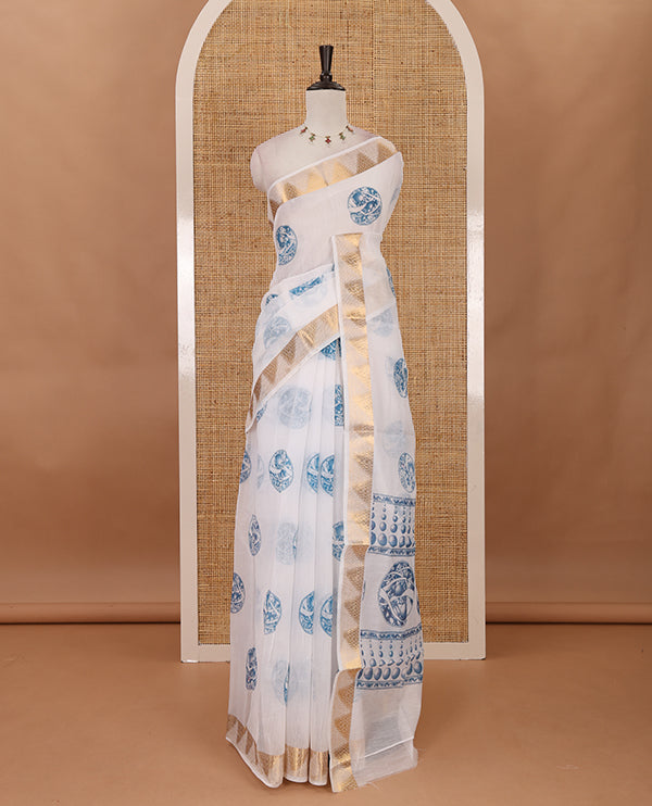 White-blue circular motifs printed mercerised cotton saree, gold zari temple  border, circular motifs printed pallu & matching zari border blouse